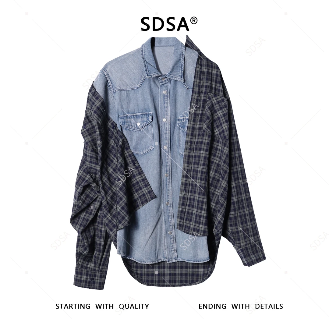 SDSA秋冬新款痞帅男装潮牌牛仔拼接设计翻领长袖衬衫宽松街头衬衣