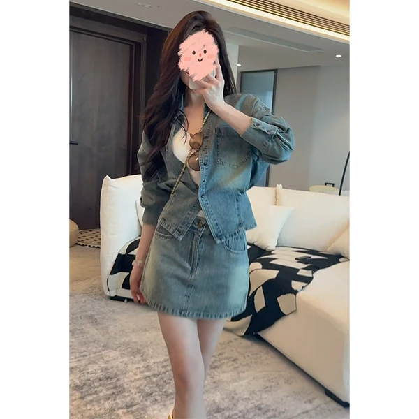 2025早春新款韩版时尚套装显瘦牛仔套装复古牛仔裙子短款百搭套装