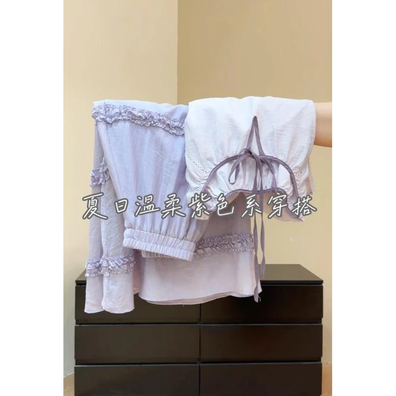 夏减龄学院风泡泡袖上衣温柔风显瘦高腰花边半身裙套装女两件套潮