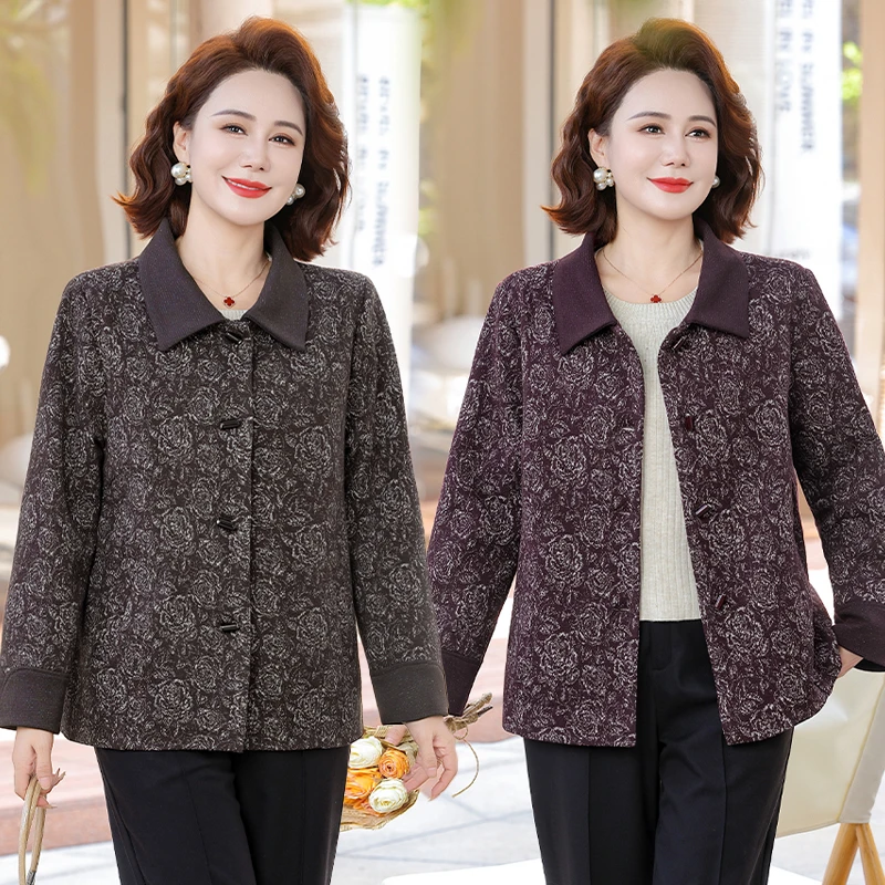 洋气时尚妈妈秋装宽松外套2025新款中老年人女装翻领上衣花色开衫