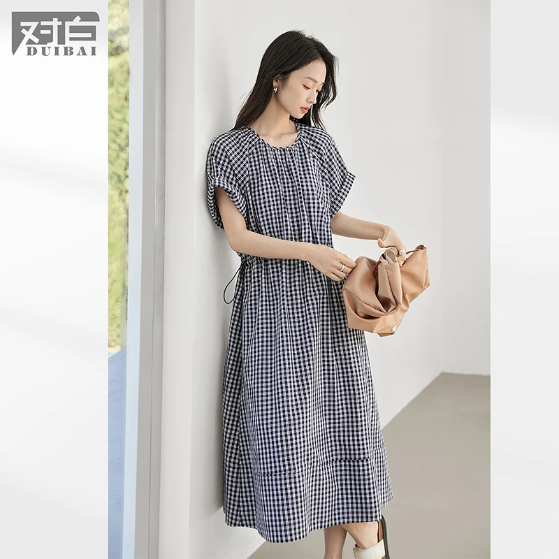D01对白格子短袖连衣裙女圆领抽绳收腰长裙FDQ093