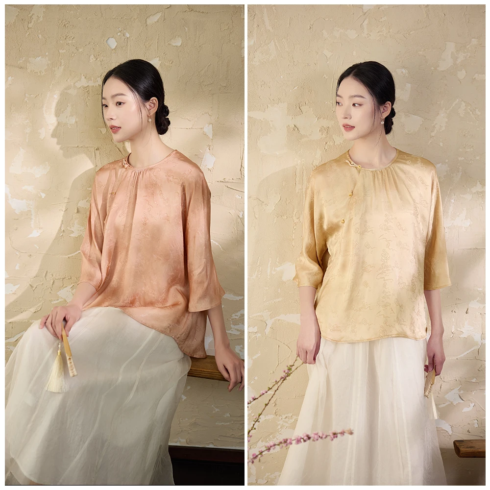 【梨花庄】25春夏51S0098《黛影》艺术印花炒色花扣新中式上衣