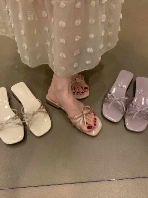 配裙子仙女凉鞋女鞋外穿夏季法式晚风蝴蝶结一字拖高跟鞋凉拖鞋子