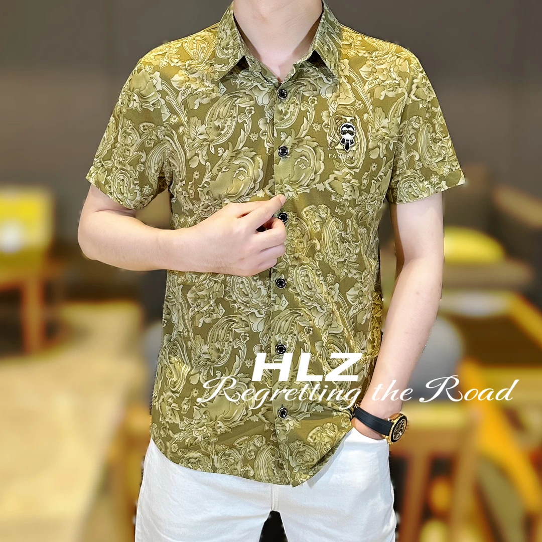 2025夏季新款男士时尚休闲薄款个性植物图案纽扣翻领短袖衬衫