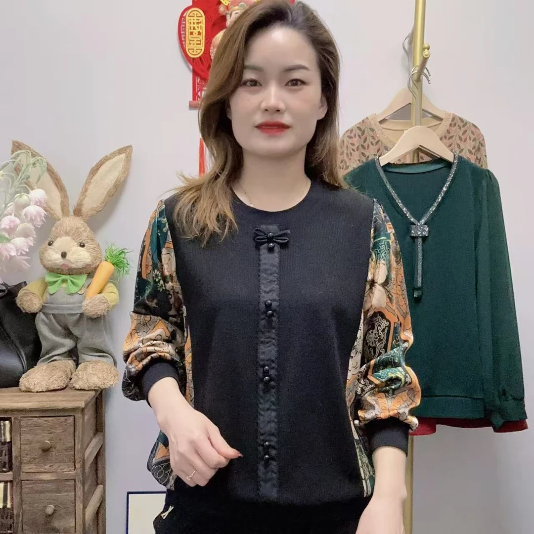 【丽姐家】春季新款妈妈装打底长袖时尚洋气印花百搭假两件上衣