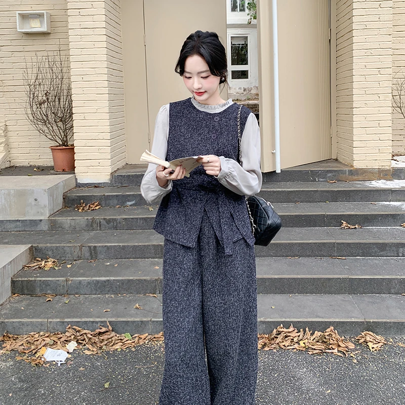 韩版气质木耳边领衬衫马甲套装女2025春季新款休闲阔腿长裤三件套