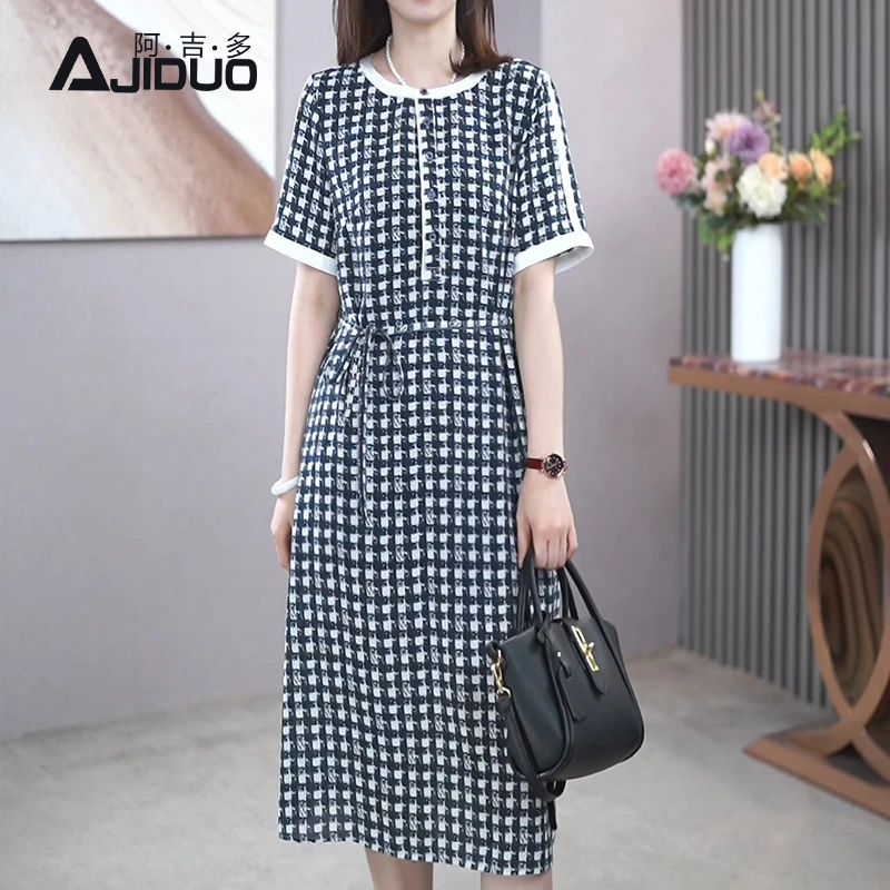 A32021阿吉多千鸟格小香风短袖连衣裙女夏季新款高级格子连衣裙