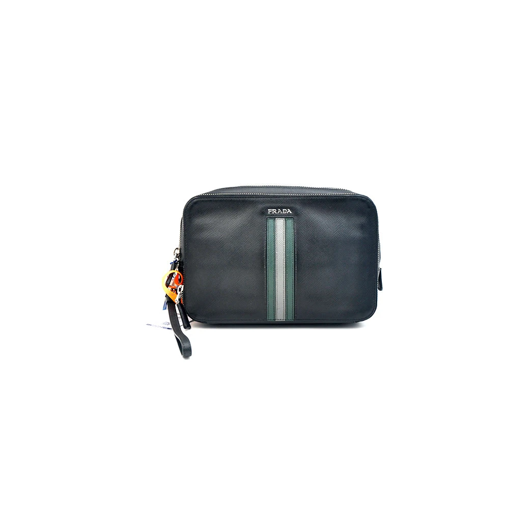 95新 Prada/普拉达 97新闲置 限量拼色条纹双层手拿包23＊16/70774