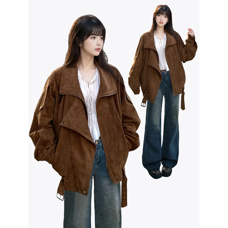 美拉德复古咖色机车夹克外套女2025秋季新款高级感工装机车服上衣
