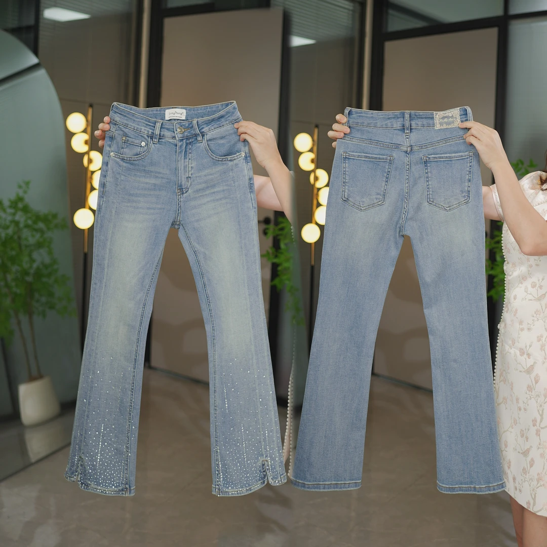 7504-2025年夏款新款烫钻原创显腿长显瘦九分微喇裤小个子牛仔裤