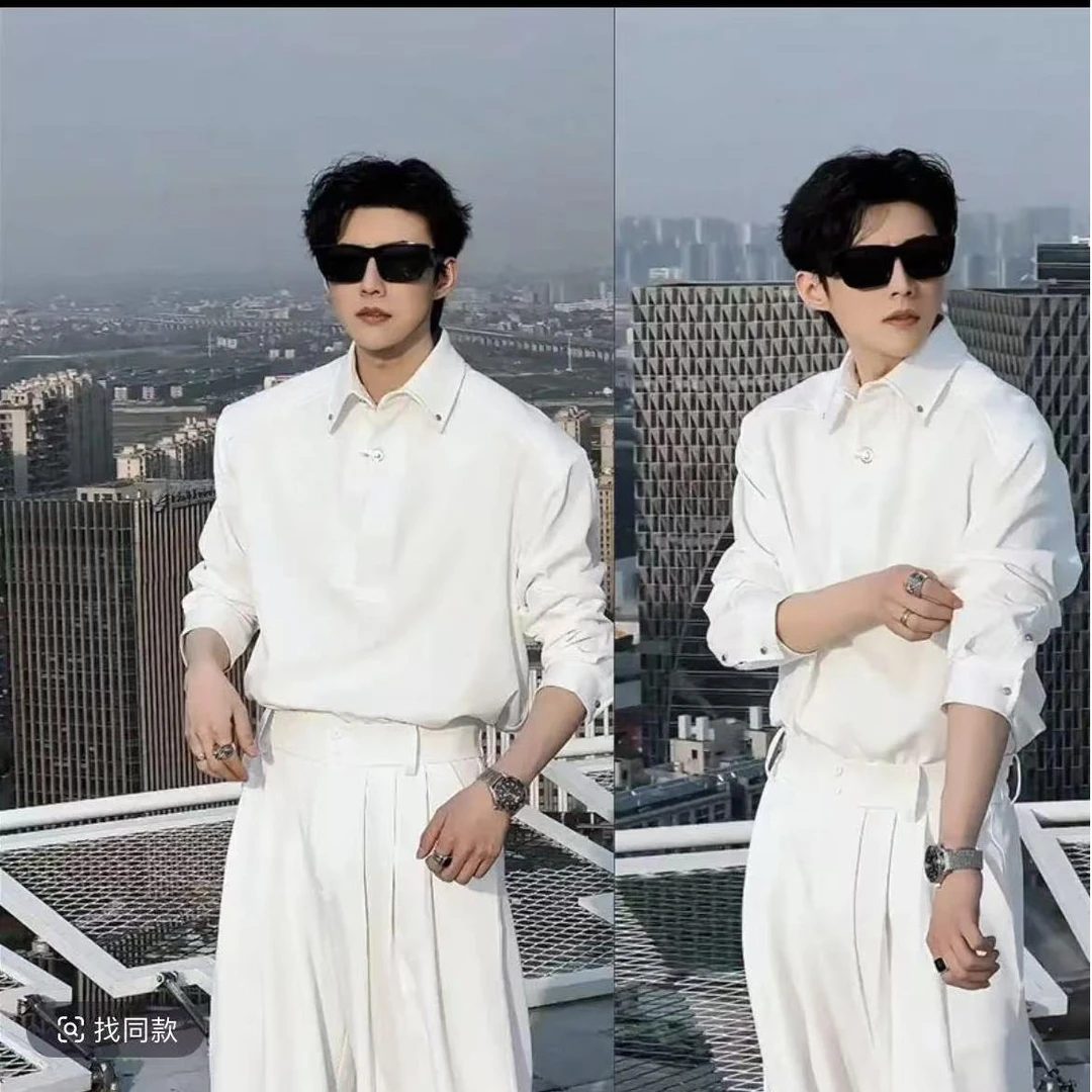龙叨同款上新原创设计款高级感简约衬衫男士套装休闲宽松衬衣长裤