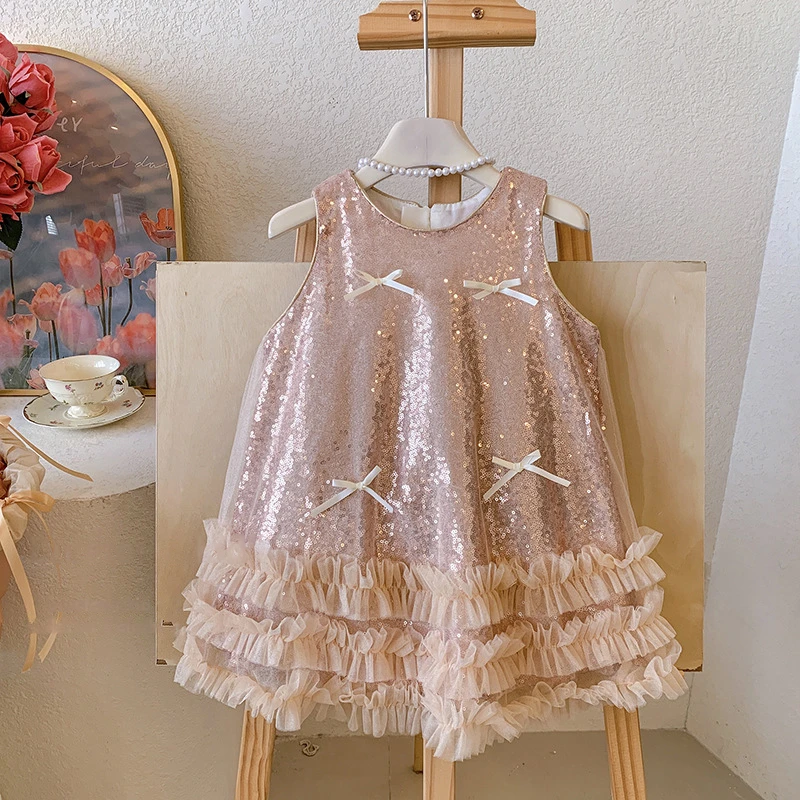 笛牧女童连衣裙2025夏新款香槟色亮片时尚公主礼服裙