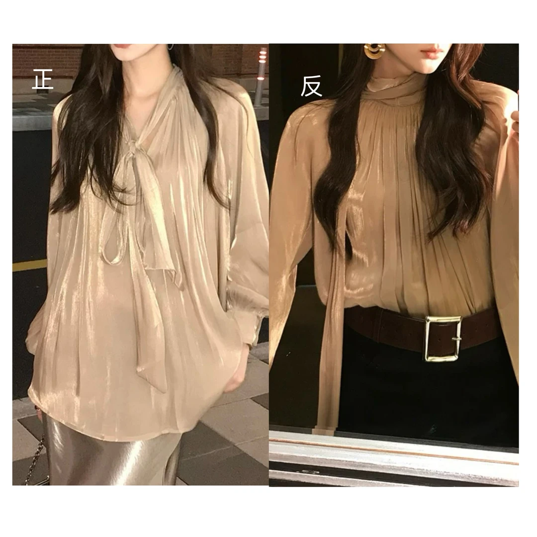 可正反两穿法式金色飘带衬衫 气质琥珀琉璃珠光感上衣