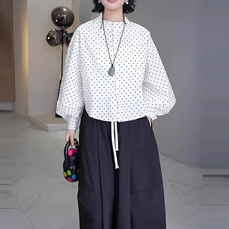 法式洋气复古波点衬衫女早春新款立领灯笼袖简约显瘦百搭通勤上衣