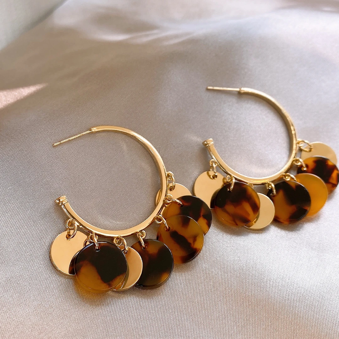 合金耳饰 金色C型豹纹圆片流苏耳环女耳钉方圆脸耳饰设计感小众