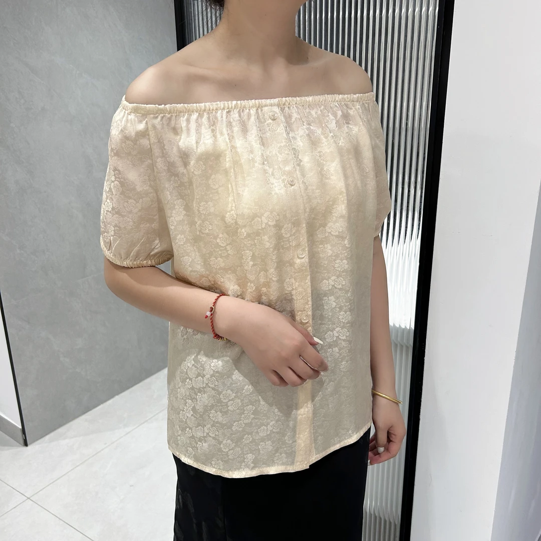 真丝桑蚕丝娃娃领上衣一领两穿休闲小衫一字肩短袖