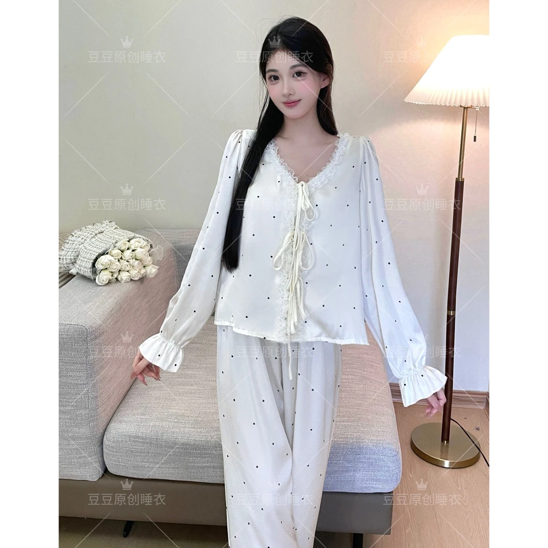 【香啵啵】柔光软丝长袖家居服高腰显瘦睡衣女小众春季