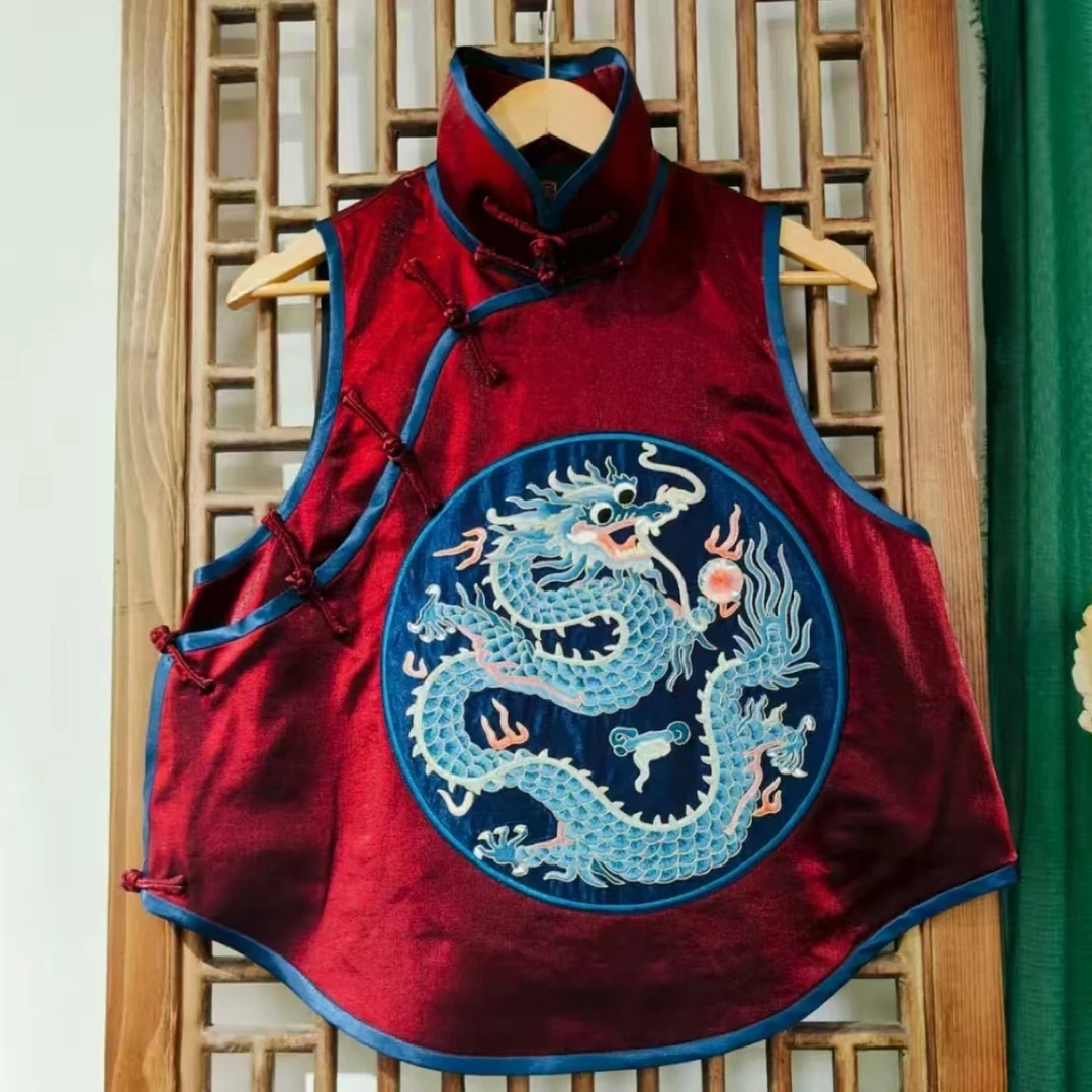 （LS629-11）凤徕兮私人定制暗红色光板底蓝龙刺绣花盆领盘扣马甲
