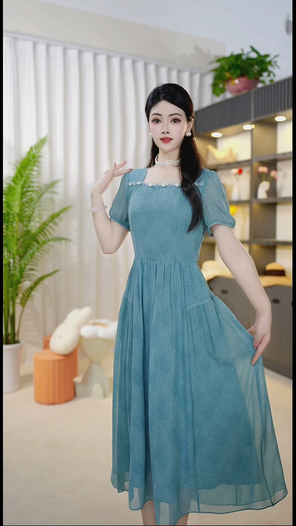 <0010>不褪色系带吸汗V领刺绣连衣裙时尚显瘦中长款淡雅夏季