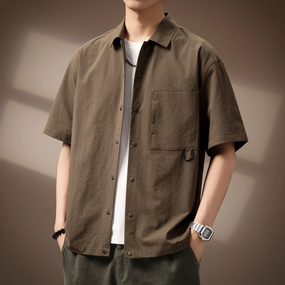 高端美式泡泡纱冰丝短袖衬衫男夏季薄款户外复古凉感宽松休闲衬衣