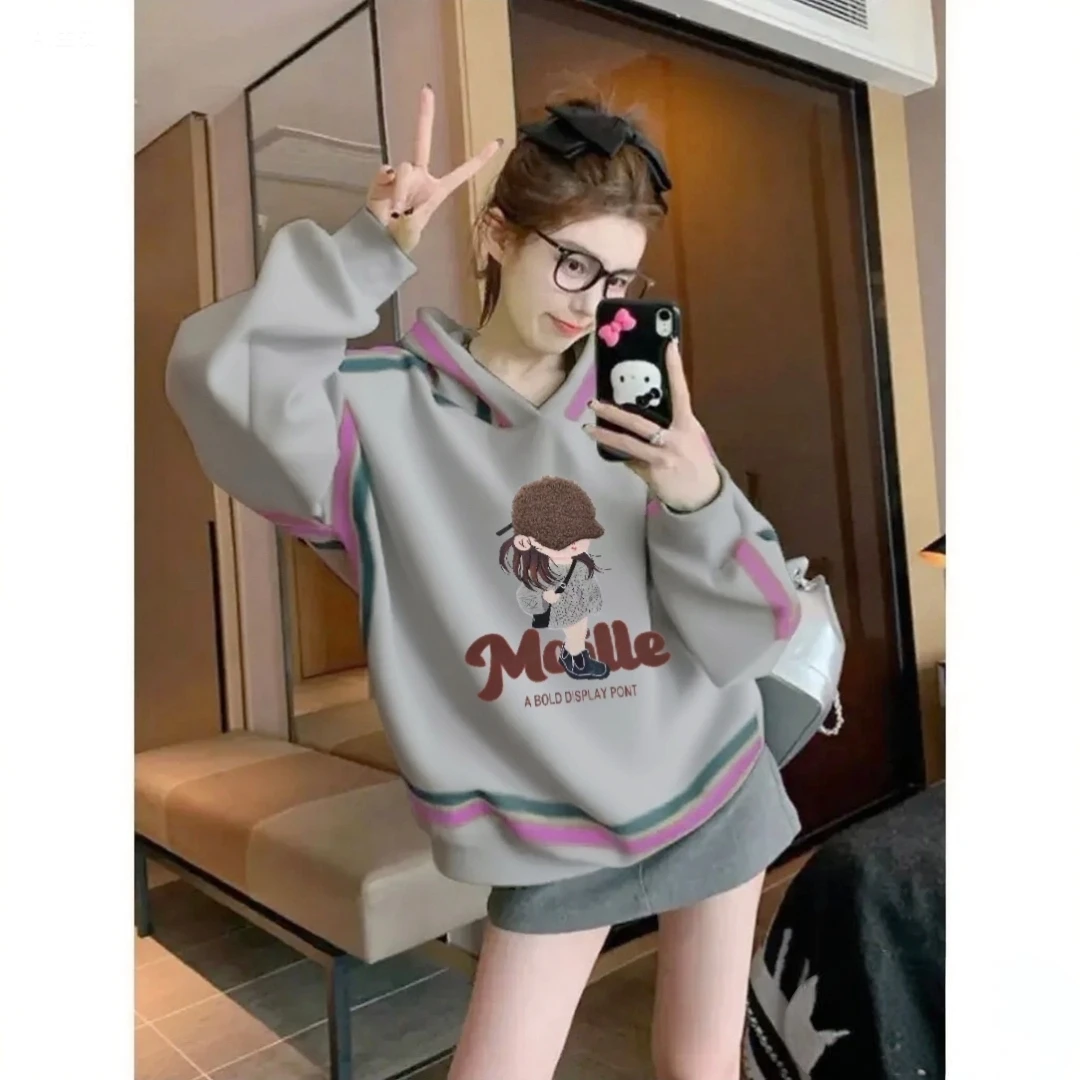 韩系连帽卫衣女春秋季2025新款冬季设计感印花宽松显瘦加绒套头衫