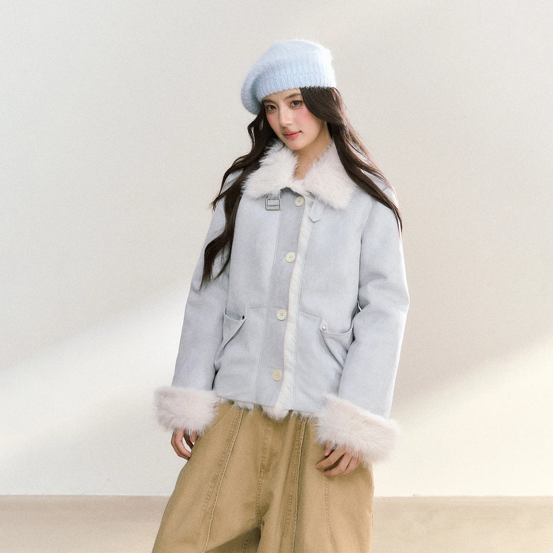 FPMZ韩系大毛领翻领环保皮毛一体外套秋冬宽松铆钉麂皮上衣夹克