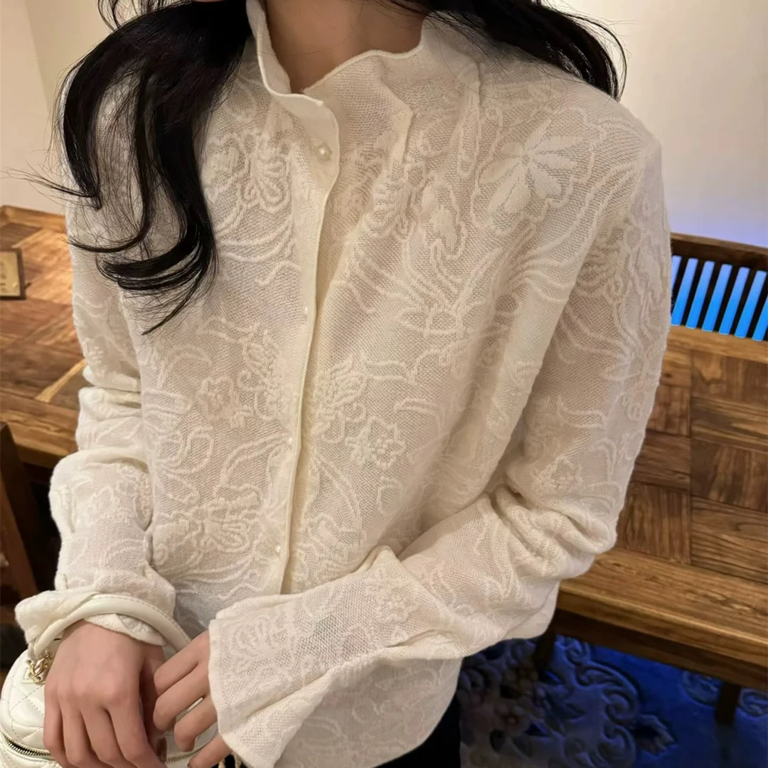 〔暗纹雕花立领蕾丝〕〔不可机洗〕韩系褶皱花边立领雕花蕾丝衬衫