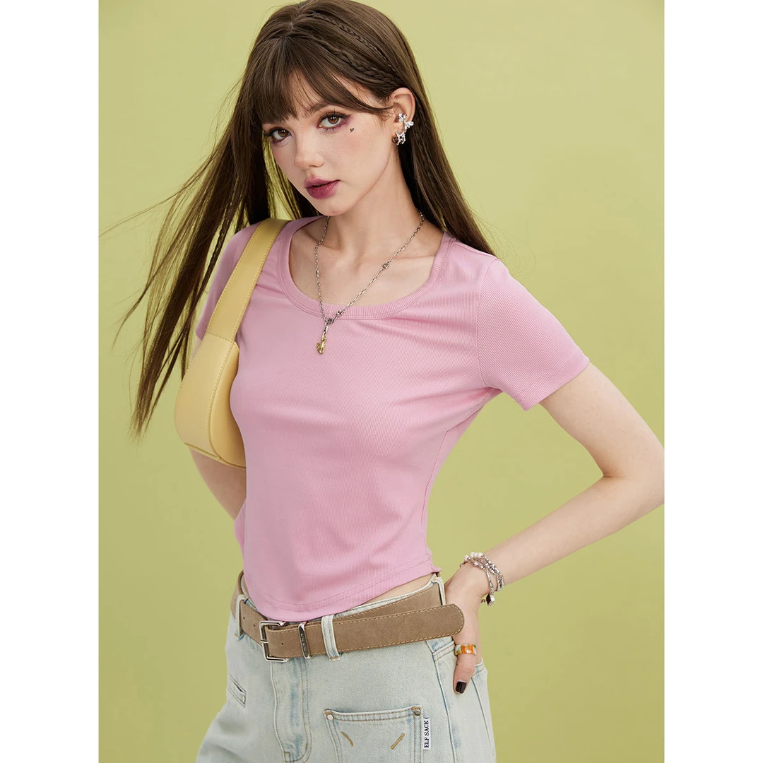 【度假系列】25年春夏新款U领修身短袖T恤女显瘦多巴胺上衣25205002