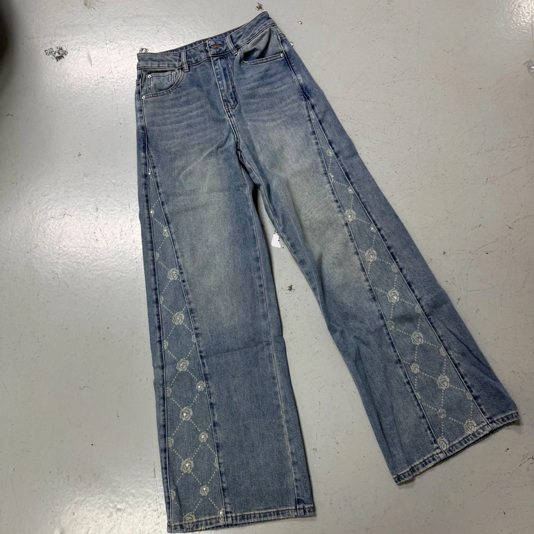 5008k蓝色玫瑰花印花设计百搭休闲牛仔裤