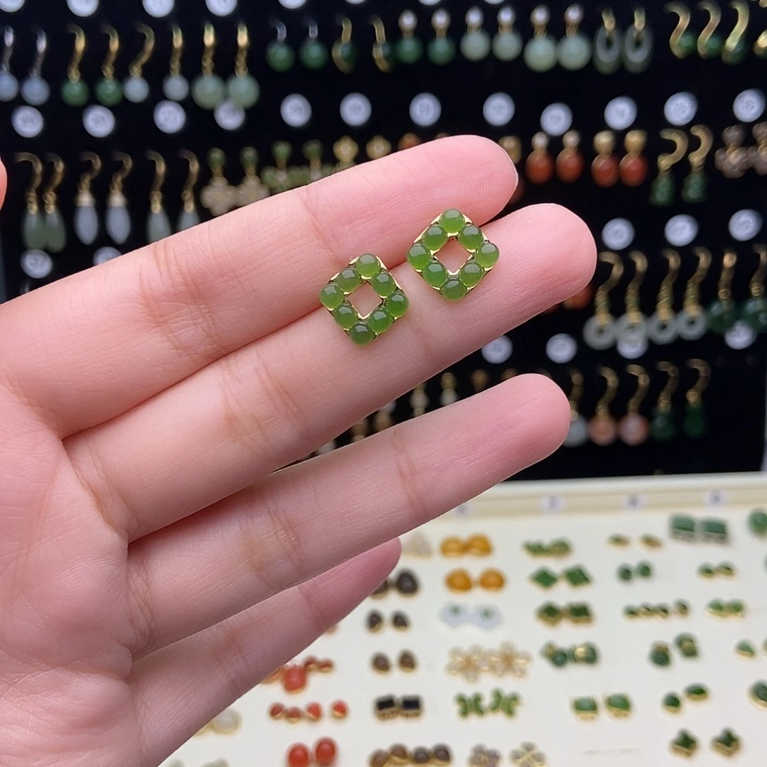 和田玉银S925镶嵌耳饰