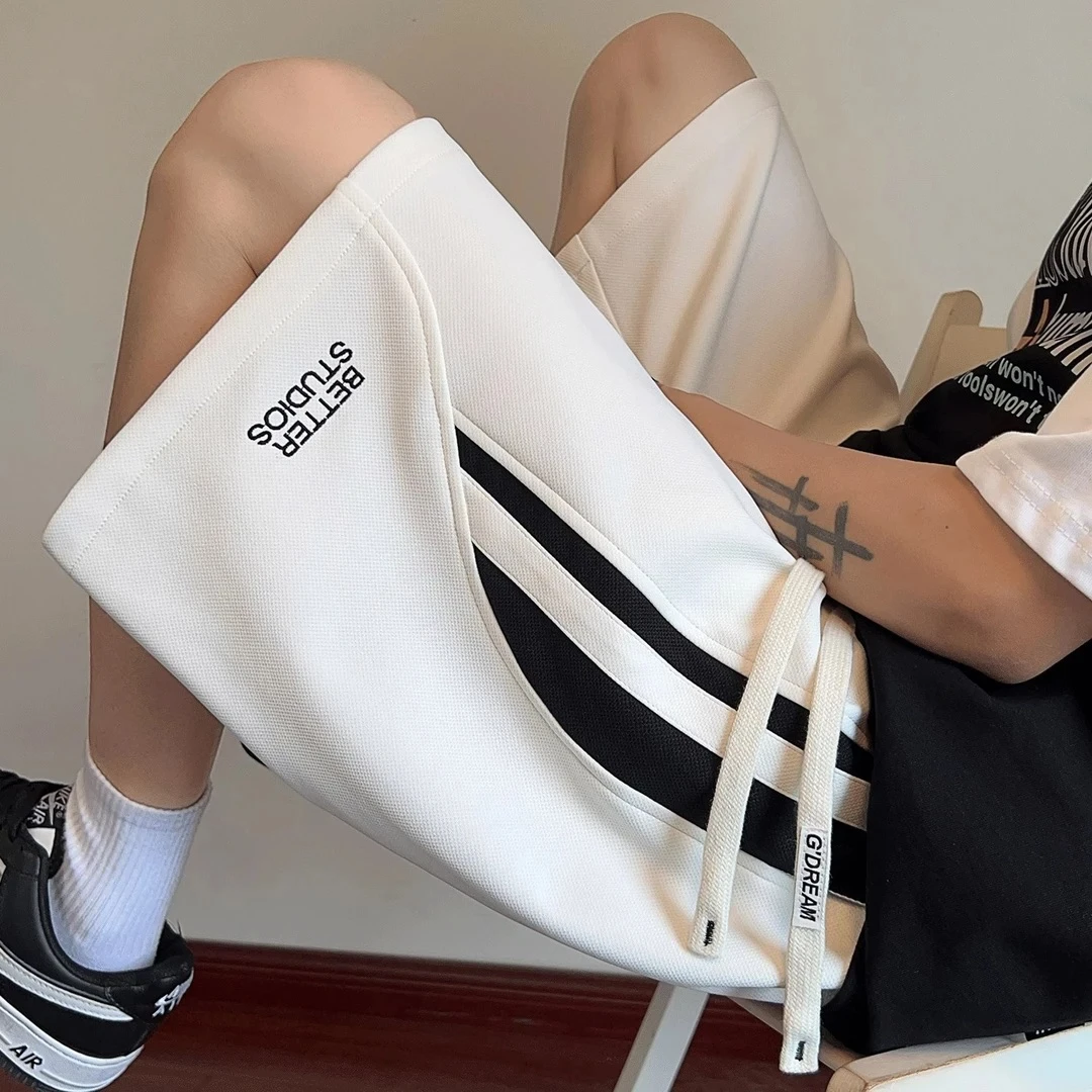 2025新款潮牌美式条纹拼接短裤男款夏季刺绣五分裤子宽松休闲中裤