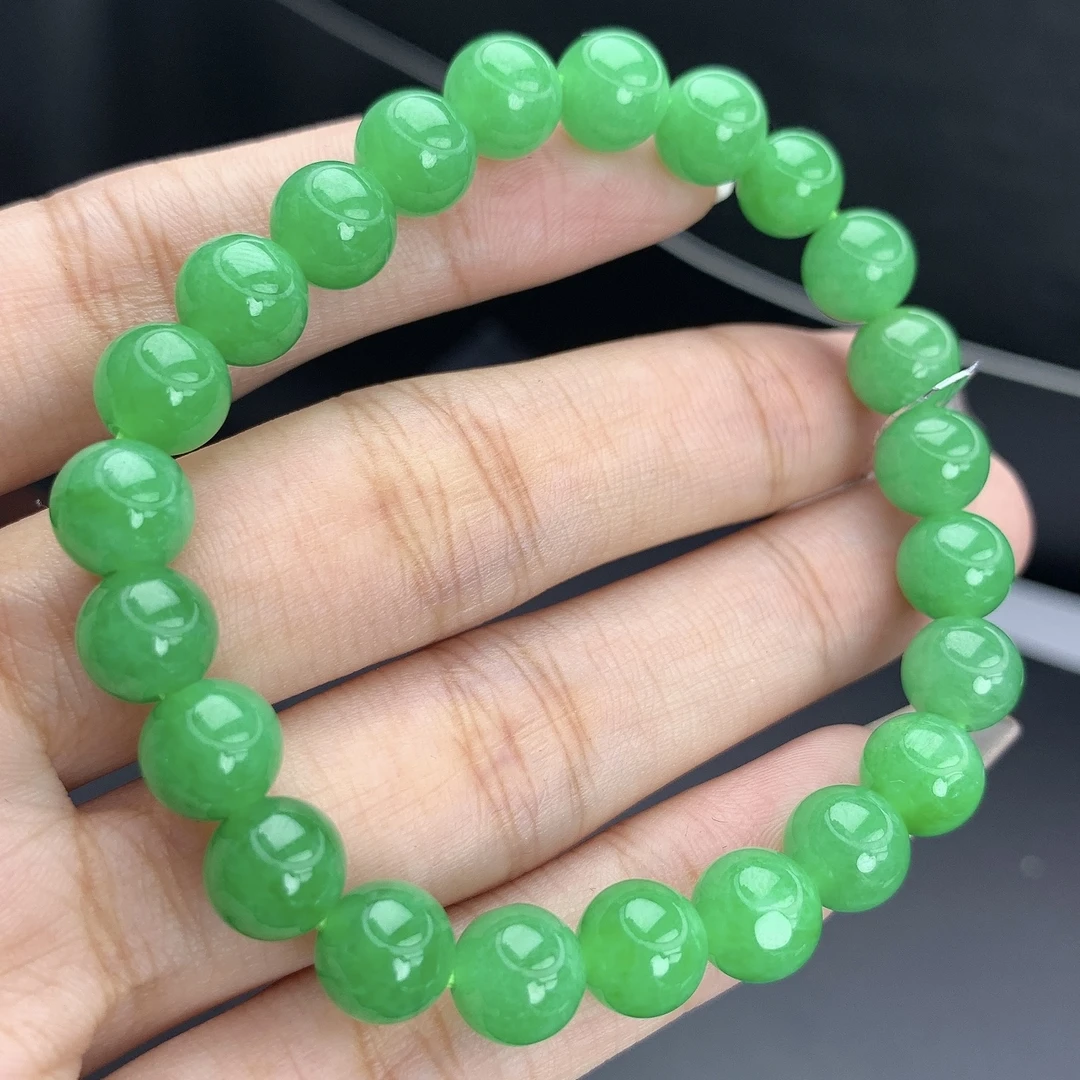缅甸A货翡翠正阳绿色圆珠手链手串单圈T卡8mm