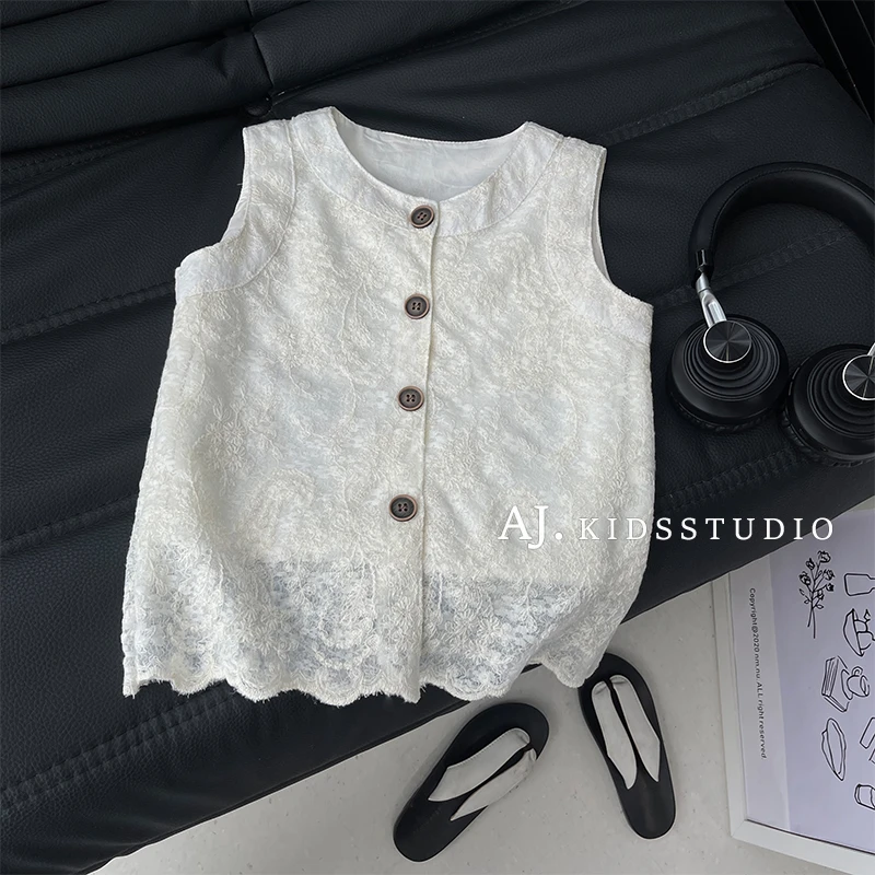 现货【白茉莉】阿卷夏装韩版儿童蕾丝刺绣花纹无袖衬衫上衣MPG6523