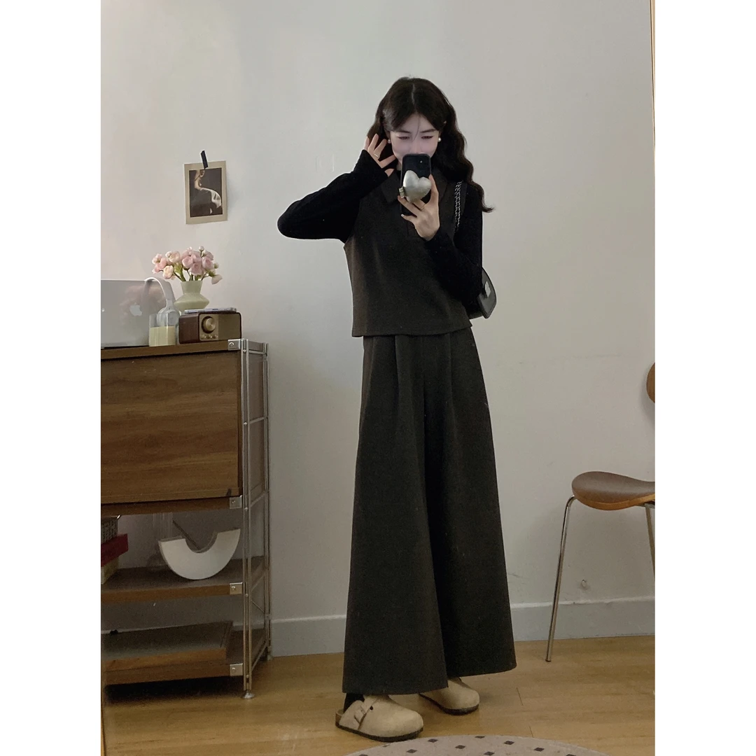 大码女装胖mm新款秋冬时尚简约翻领毛呢马甲阔腿裤三件套