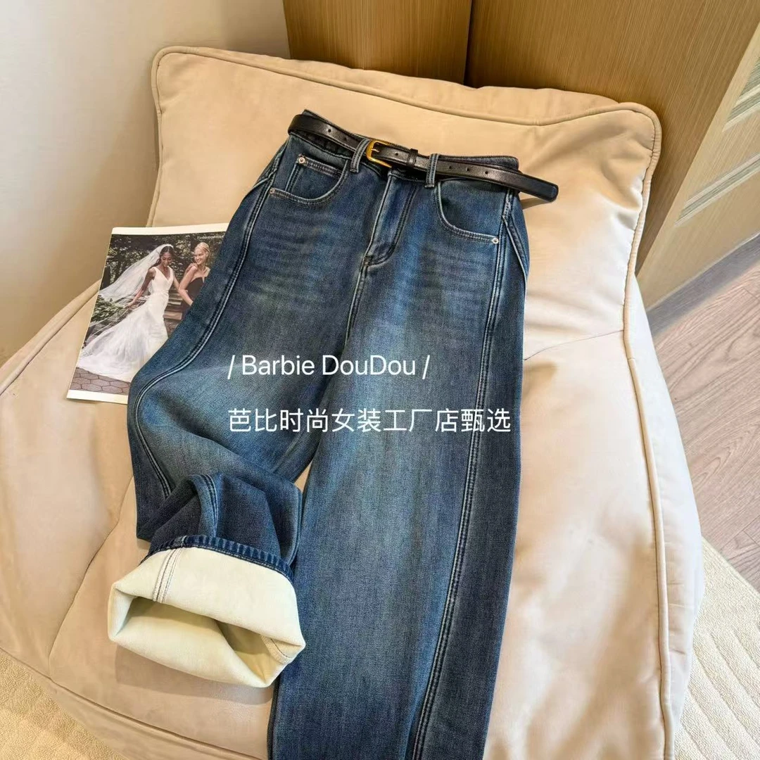 Barbie Ling 6362 冬季加绒直筒高腰牛仔裤宽松韩版百搭裤子