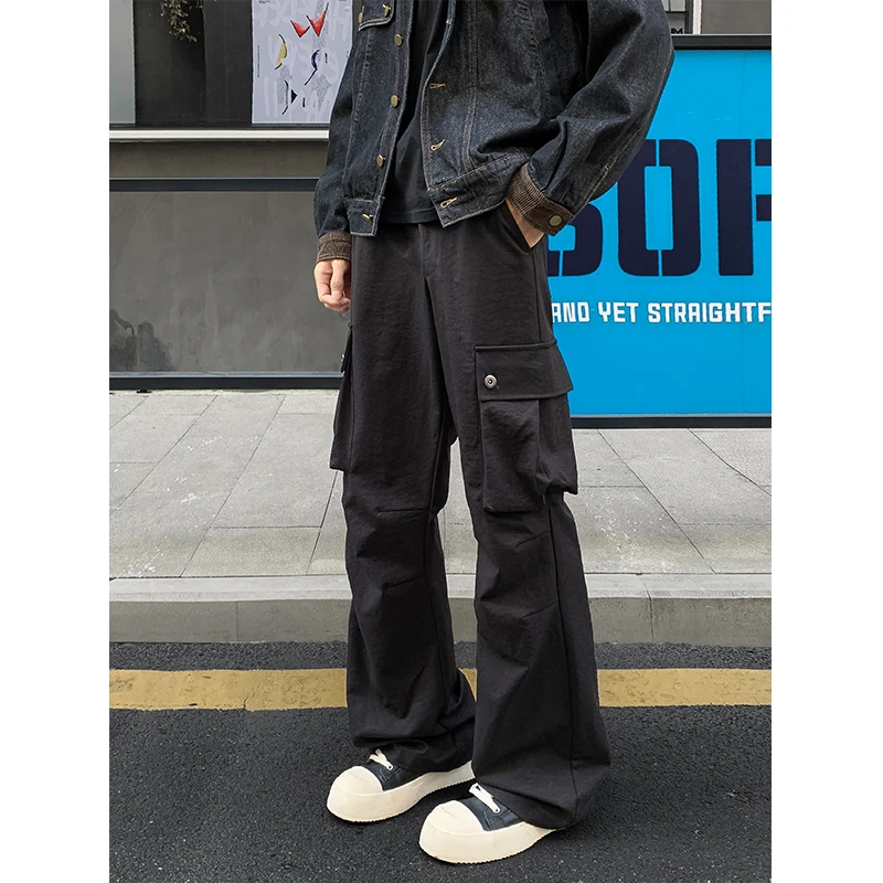 美式多口袋立体剪裁褶皱工装裤男宽松微喇裤休闲裤青少年长裤秋季