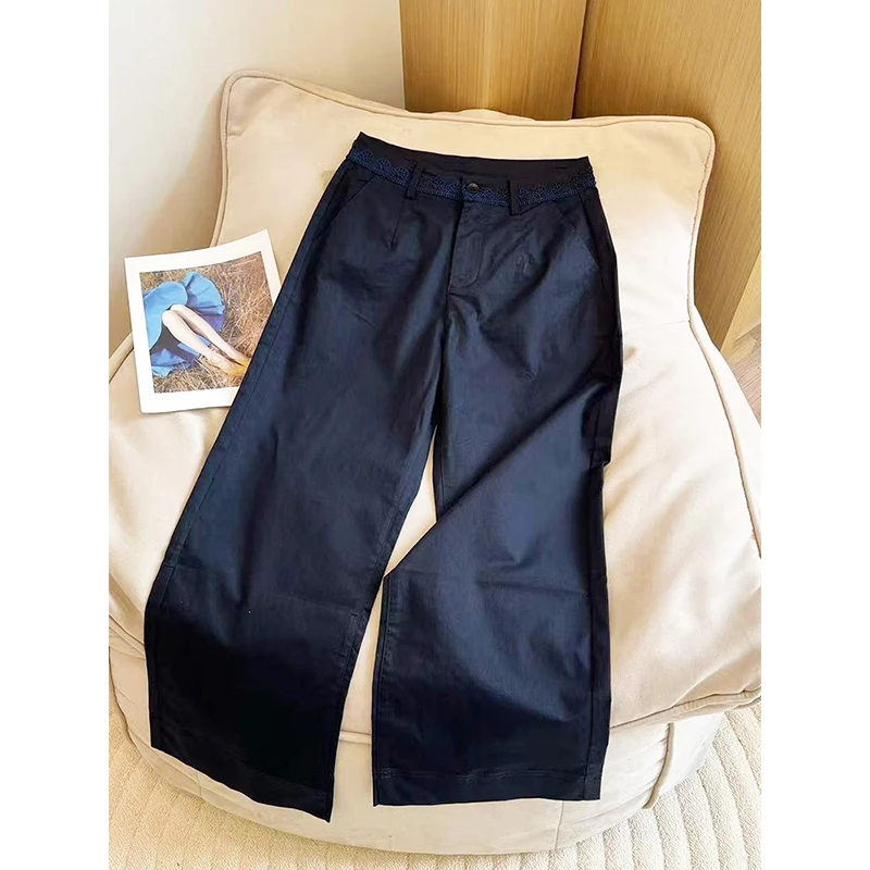 韩版高腰蕾丝边腰头直筒裤女2025夏季新款大码百搭薄款显瘦休闲裤