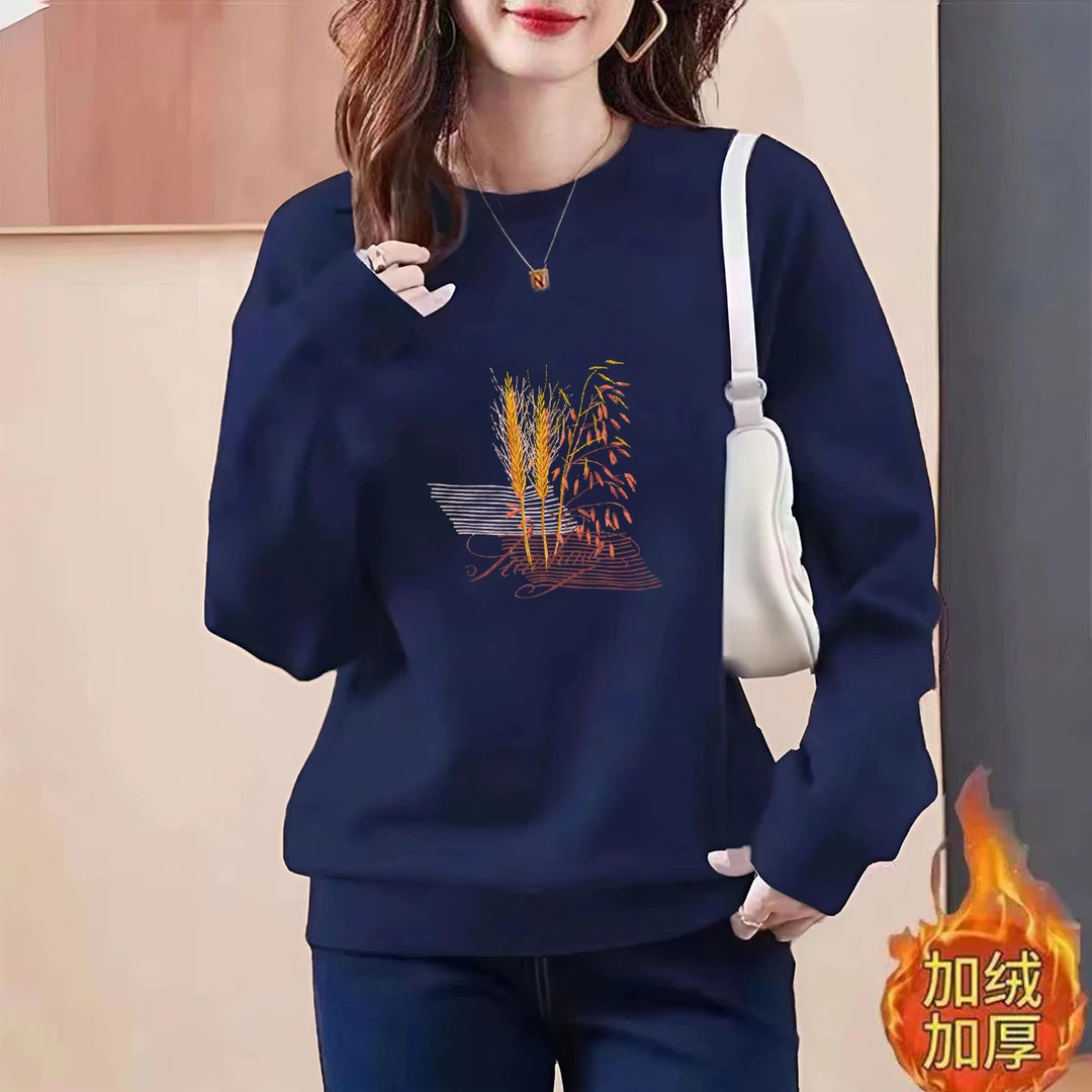 华棉印花小众百搭卫衣女2025春秋冬新款大码圆领加绒/不加绒外套