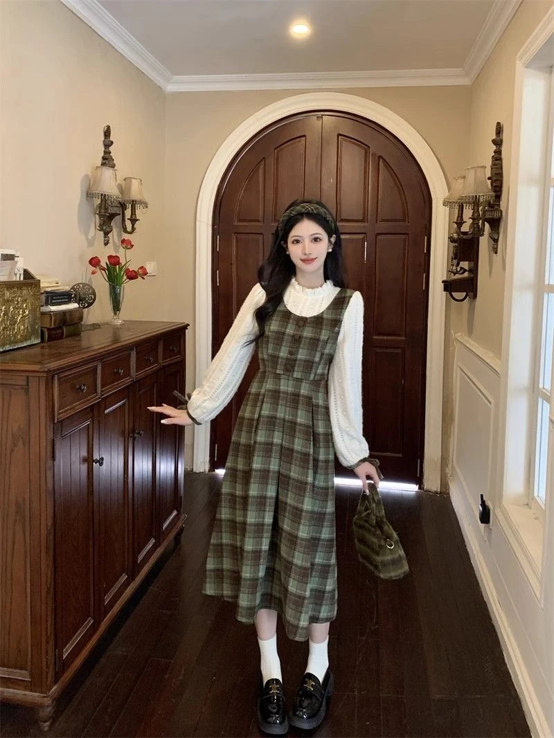 绿格森系复古假两件泡泡袖连衣裙收腰拼接显瘦长裙子女学生春秋季