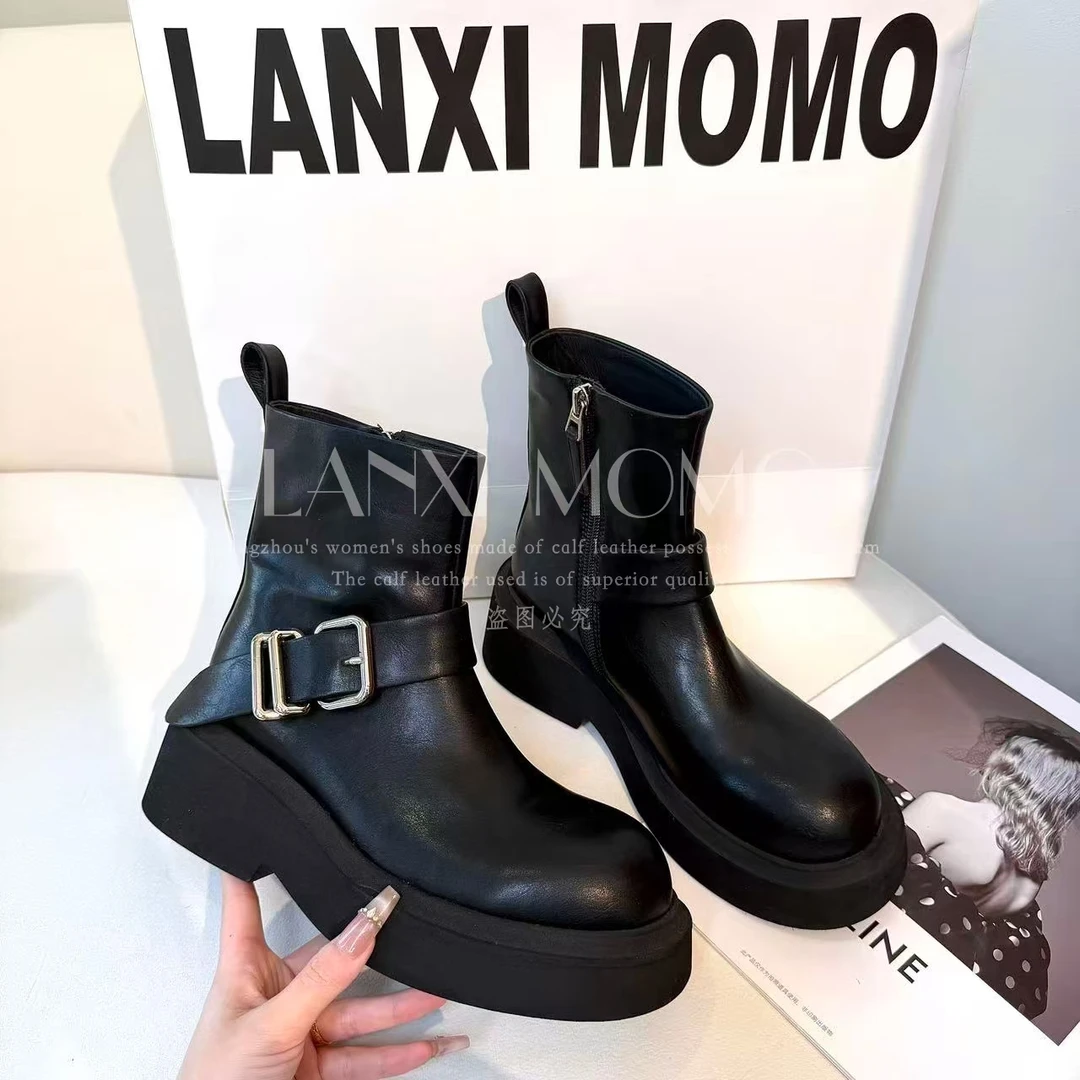 【LANXI  MOMO】时尚百搭女士黑色厚底英伦风秋冬短靴24XZ496LX