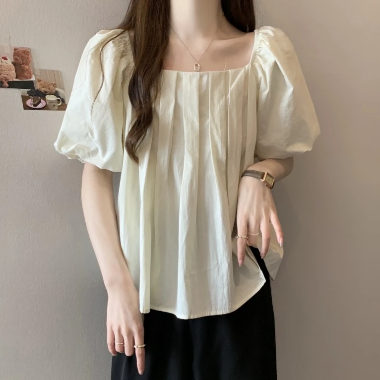 【高老板】春夏季新款显瘦短袖袖法式小众泡泡袖韩版设计感简约小衫