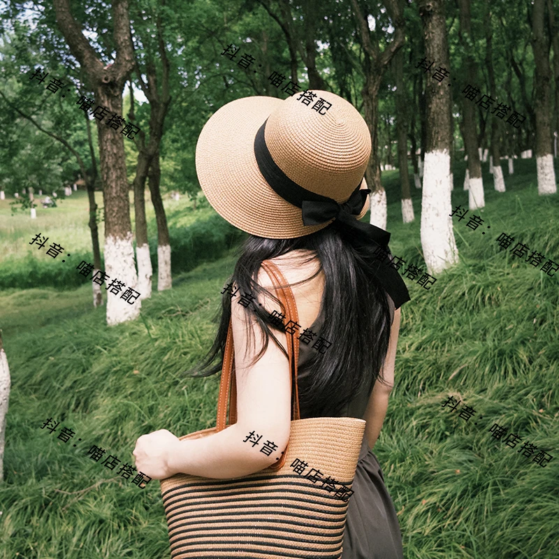大女主丝带草帽气质防紫外线遮阳帽大帽檐编织草帽显脸小百搭日常