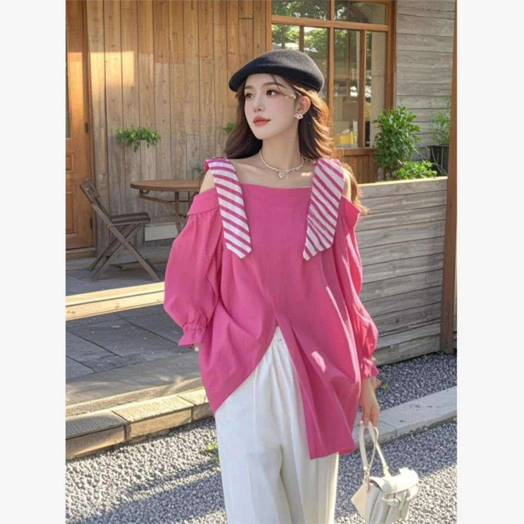 拼接假两件露肩衬衫上衣2025年新款绝美玫红色小衫设计感chic韩系