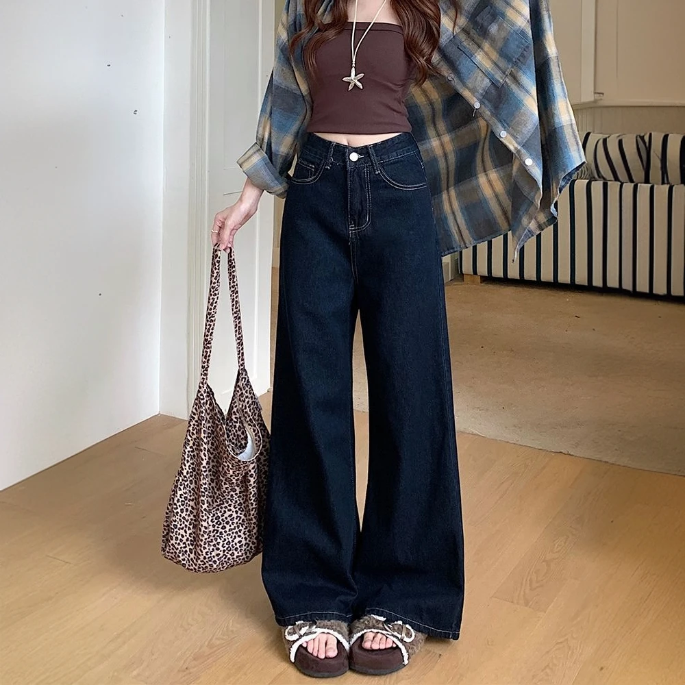 水洗深蓝色阔腿牛仔裤女小个子美式复古高腰直筒显瘦垂感拖地长裤