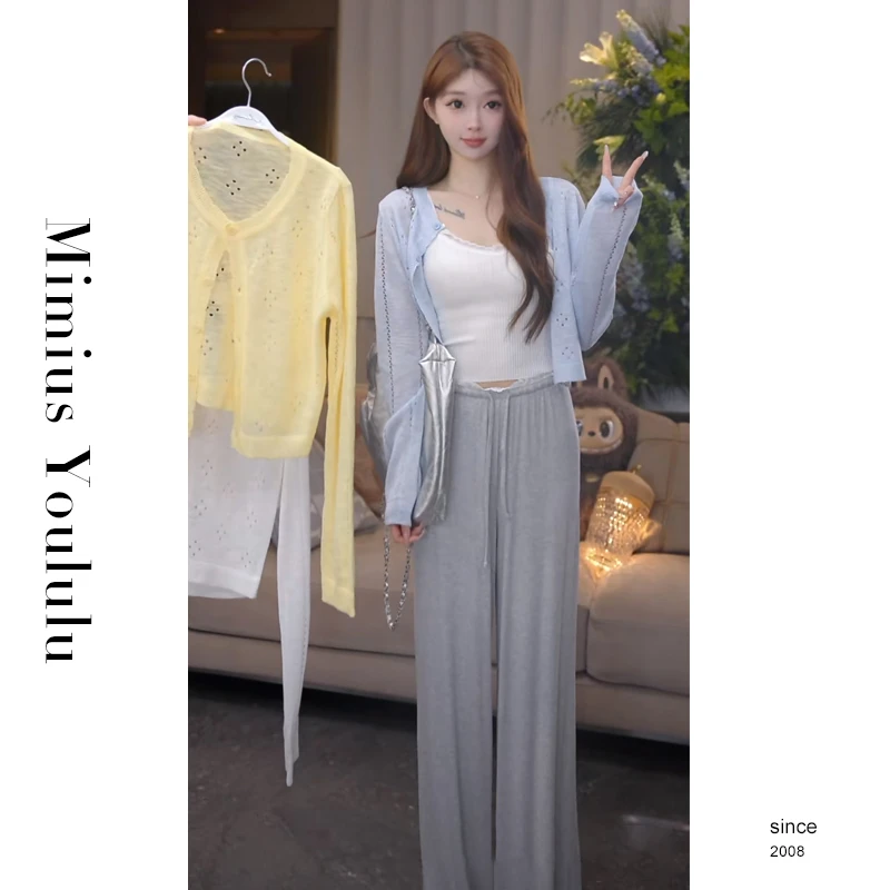 【mimius】七七镂空开衫+蕾丝背心（不含胸垫）+宽松休闲长裤 WG06027
