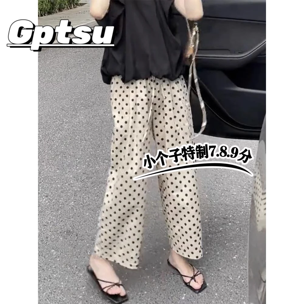 GPTSu小个子穿搭七分白色波点直筒裤女夏季超薄款宽松九分休闲裤