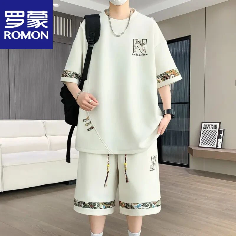 罗蒙【潮流韩版】2025夏季新款潮牌大码休闲运动套装男士时尚百搭