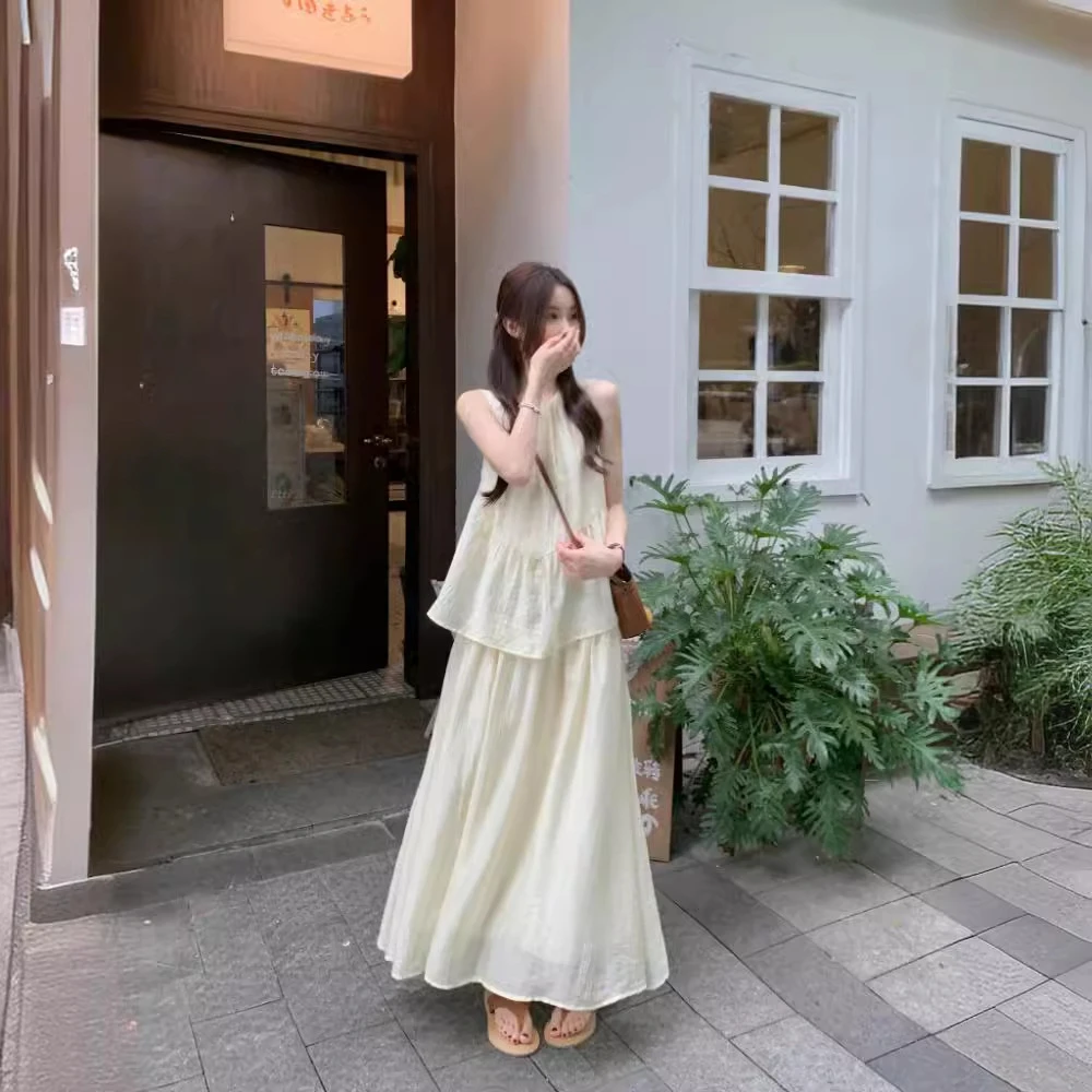 假两件清冷感纯色连衣裙女装2025夏季仿天丝圆领新中式无袖背心裙