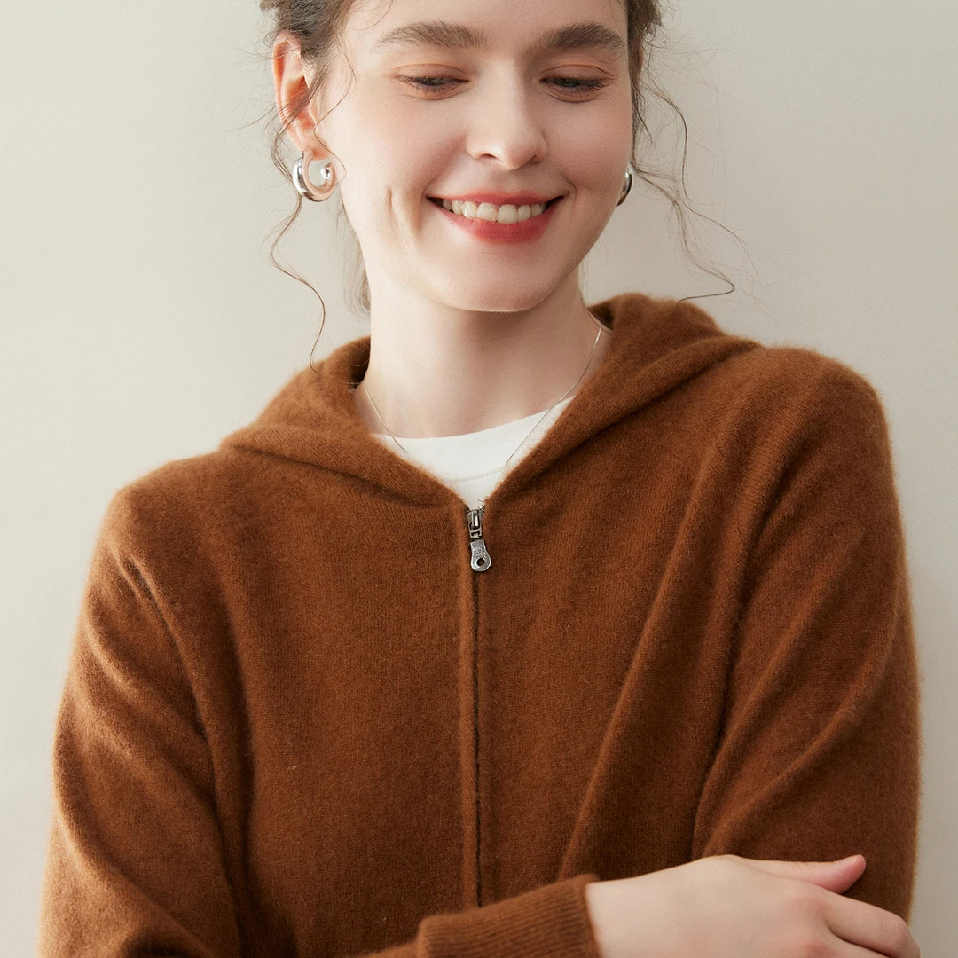 连帽羊绒衫女100纯山羊绒高端软糯正品新款时尚洋气针织毛衣外套