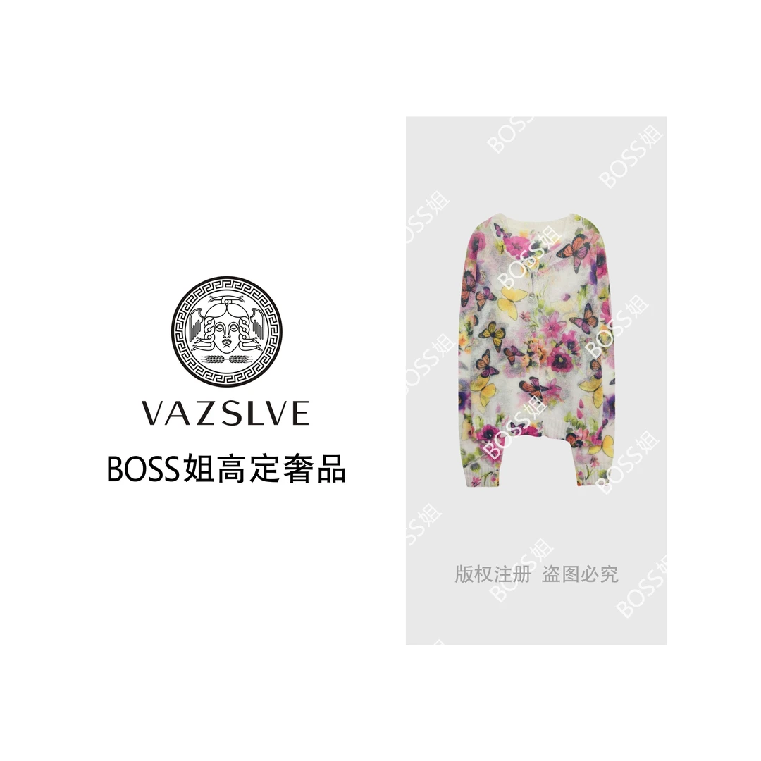 VAZSLVE/原创设计 羊毛马海毛复古油画风蝴蝶花卉针织开衫msl538